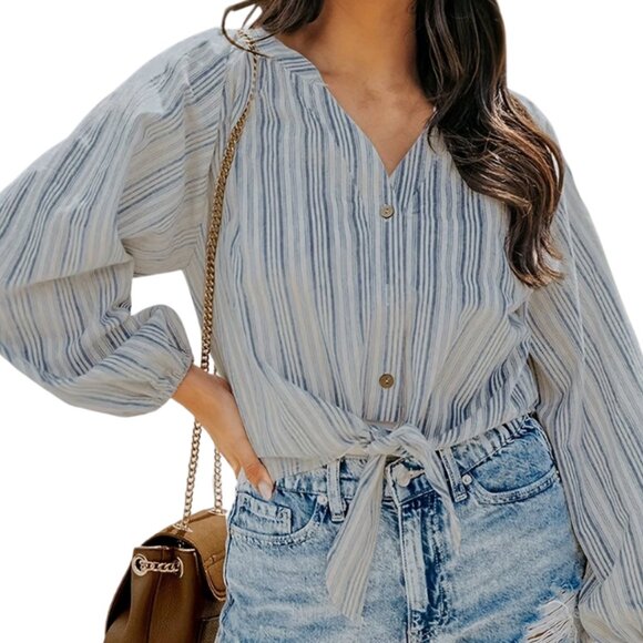 Striped Button-Down Tie Front Blouse – Boho Chic Vibes - Picture 3 of 3
